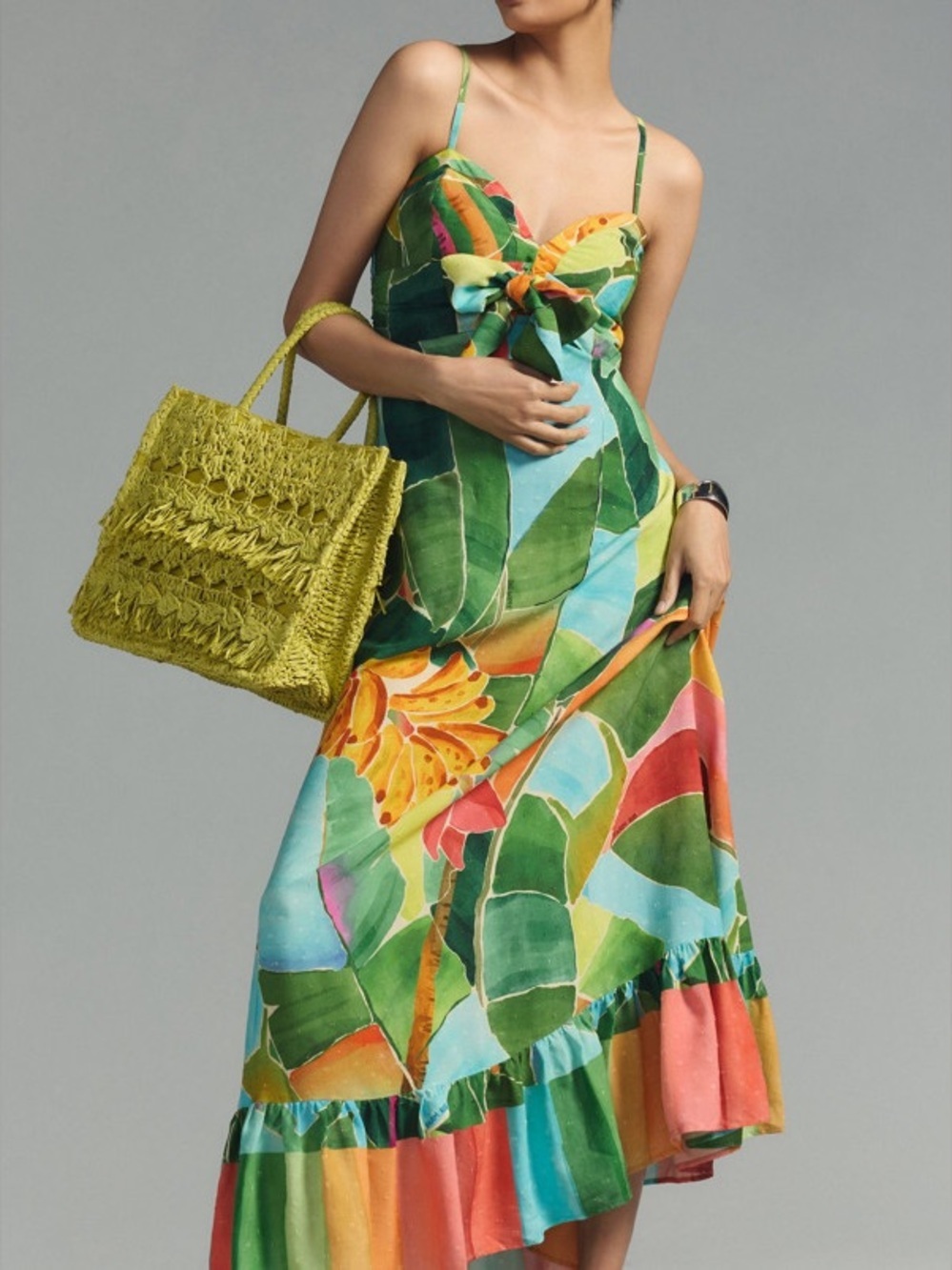 Farm Rio Printed Tropical Leaf Tie-Front Maxi Dress Size XS
